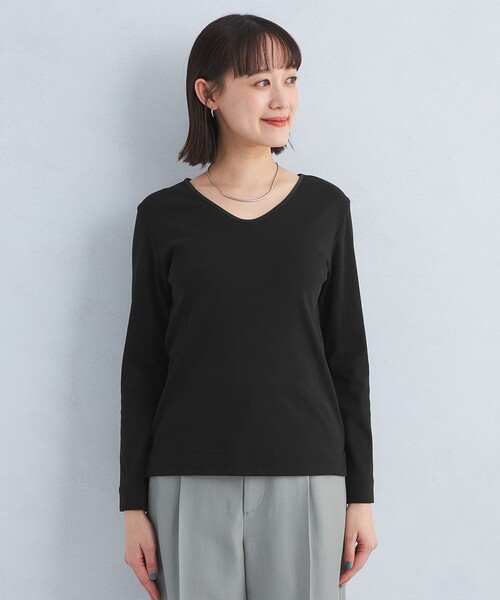 green label relaxing（グリーンレーベルリラクシング）の「ベーシック フライス Vネック プルオーバー カットソー（Tシャツ/カットソー・レディース・オフホワイト/ブラック・FREE）」の7枚目の写真