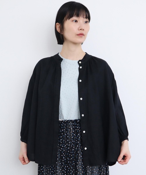 zza 美品 アトリエドゥサボン 半袖ブラウス コットンリネン 黒 l'atelier du savon ブラウス シャツ _broad 長袖 丸襟ブラウス