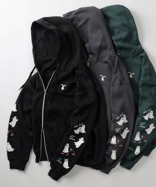 make a ray!（メイク ア レイ！）の「【85】おばけイラスト ワンポイント刺繍 & 袖プリント 裏起毛 ジップパーカー（パーカー・レディース・グリーン/チャコールグレー/ブラック/グレー/グレー系/グレー系1/グリーン系/ブラック系・M/L）」の2枚目の写真
