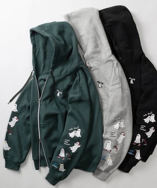 make a ray!（メイク ア レイ！）の「【85】おばけイラスト ワンポイント刺繍 & 袖プリント 裏起毛 ジップパーカー（パーカー・レディース・グリーン/チャコールグレー/ブラック/グレー/グレー系/グレー系1/グリーン系/ブラック系・M/L）」の8枚目の写真