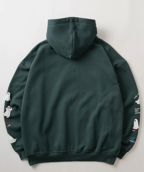 make a ray!（メイク ア レイ！）の「【85】おばけイラスト ワンポイント刺繍 & 袖プリント 裏起毛 ジップパーカー（パーカー・レディース・グリーン/チャコールグレー/ブラック/グレー/グレー系/グレー系1/グリーン系/ブラック系・M/L）」の14枚目の写真