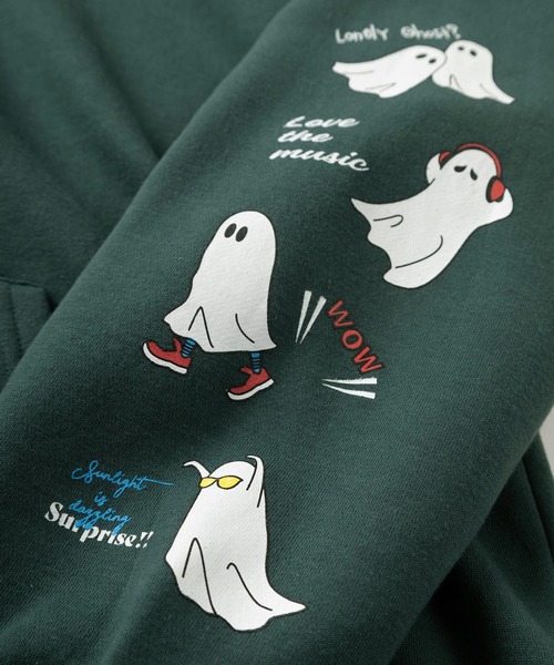 make a ray!（メイク ア レイ！）の「【85】おばけイラスト ワンポイント刺繍 & 袖プリント 裏起毛 ジップパーカー（パーカー・レディース・グリーン/チャコールグレー/ブラック/グレー/グレー系/グレー系1/グリーン系/ブラック系・M/L）」の20枚目の写真
