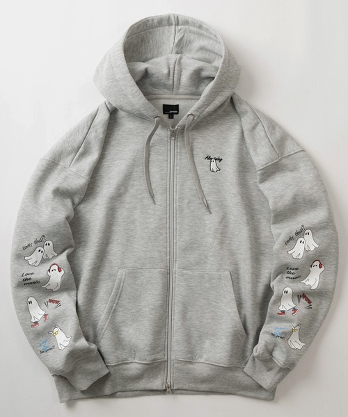 make a ray!（メイク ア レイ！）の「【85】おばけイラスト ワンポイント刺繍 & 袖プリント 裏起毛 ジップパーカー（パーカー・レディース・グリーン/チャコールグレー/ブラック/グレー/グレー系/グレー系1/グリーン系/ブラック系・M/L）」の17枚目の写真