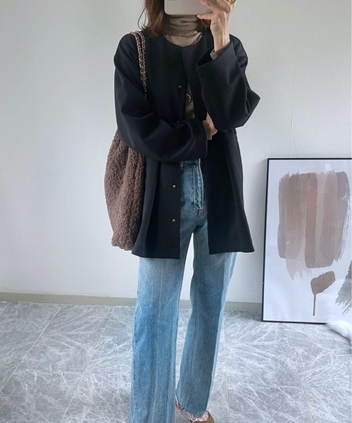 Emma Taylor（エマテイラー）の「【オケージョンにも◎】ダンボールノーカラーミドルコート（ノーカラーコート・レディース・ネイビー/ブラック/ライトベージュ・38/36）」の19枚目の写真