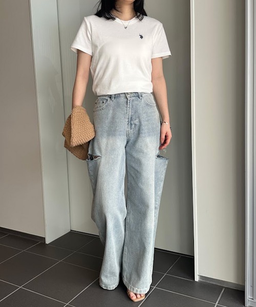 U.S. POLO ASSN.(ユーエスポロアッスン)の「【U.S.POLO ASSN.】 華奢見えコンパクトスムースTシャツ(Tシャツ/カットソー・レディース・サックスブルー/ホワイト/ピンク/ブラック×ホワイト/ネイビー・S/M/L/LL)」の8枚目の写真