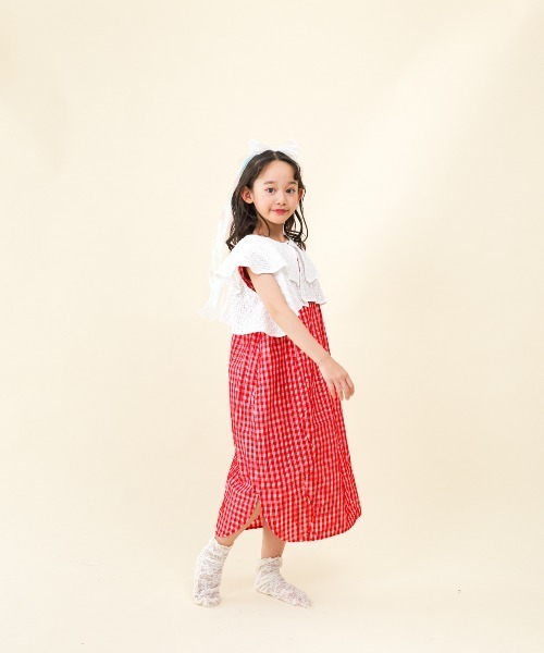 unica(ユニカ)の「カーデ付きチェック柄ウェーブラインワンピース(ワンピース・キッズ・レッド/ブラック・L/M/S/XL)」の9枚目の写真