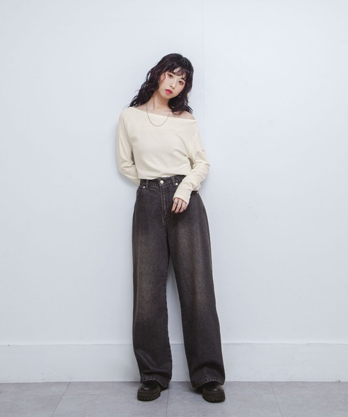 Chillfar（チルファー）の「カラーネップボートネックロンTEE（Tシャツ/カットソー・レディース・イエロー/レッド/アイボリー/ブラック/グレー・FREE）」の7枚目の写真