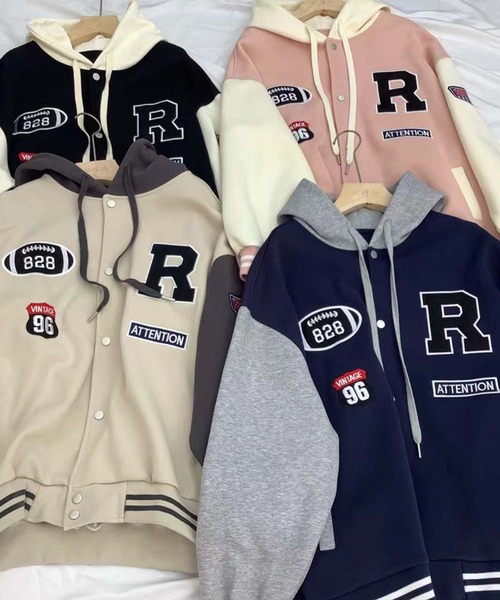 aimoha（アイモハ）の「フード付きワッペンスタジャン（スタジャン・レディース・ライトベージュ/ブラック/ピンク/ネイビー・FREE）」の16枚目の写真