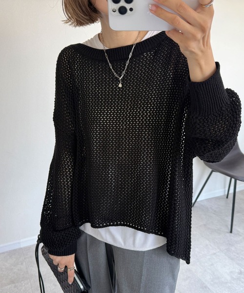 NOAHL(ノアル)の「【NOAHL】フィッシュテールメッシュニットトップス(ニット/セーター・レディース・ネイビー/グレー/ライトベージュ/ブラウン/ブラック・MT/M)」の14枚目の写真