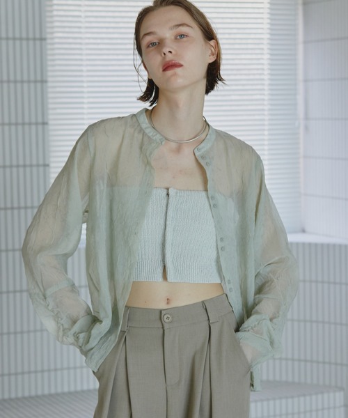 セール】バンドカラー袖シャーリングシアートップス（シャツ/ブラウス