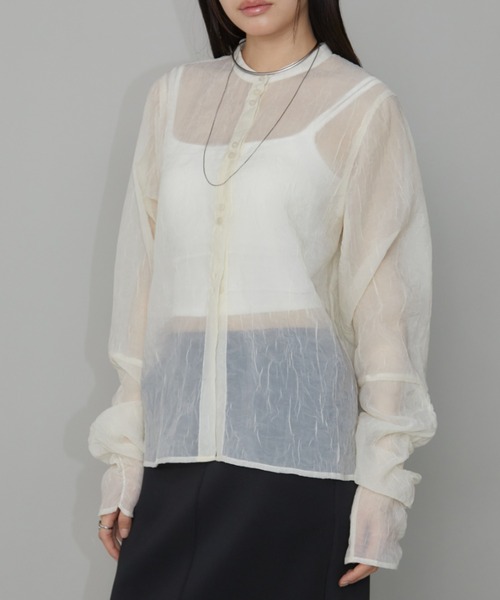 Aunt Marie's(アントマリーズ)の「バンドカラー袖シャーリングシアートップス(シャツ/ブラウス・レディース・アイボリー/ブラック/グリーン・FREE)」の5枚目の写真