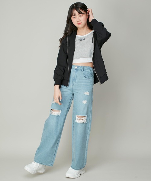 ウエスト調整可能】ダメージデニムロングパンツ（デニムパンツ