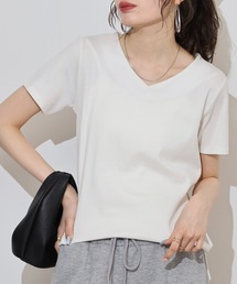 VネックコンパクトコットンTシャツ