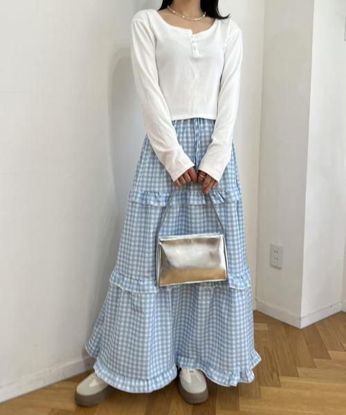 mebole（メボレ）の「ティアードギンガムチェックロングスカート（スカート・レディース・ブルー・FREE）」の10枚目の写真