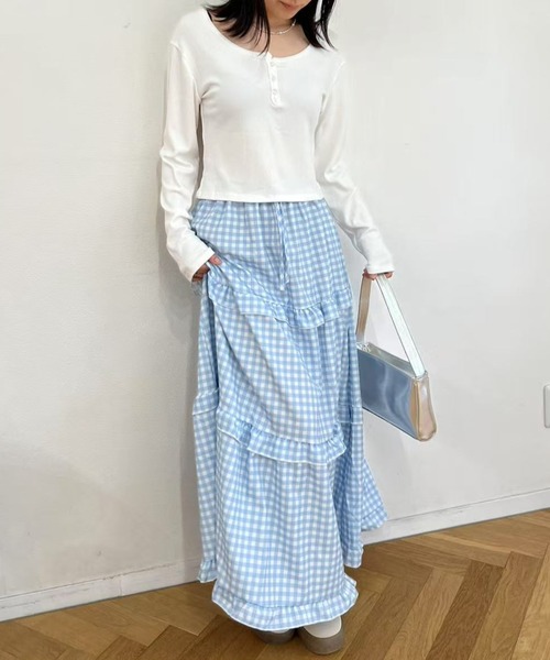 mebole（メボレ）の「ティアードギンガムチェックロングスカート（スカート・レディース・ブルー・FREE）」の12枚目の写真
