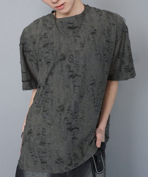 ALONE ダメージ加工コットンTシャツ セール】ダメージ加工ジャガードTシャツ（Tシャツ/カットソー