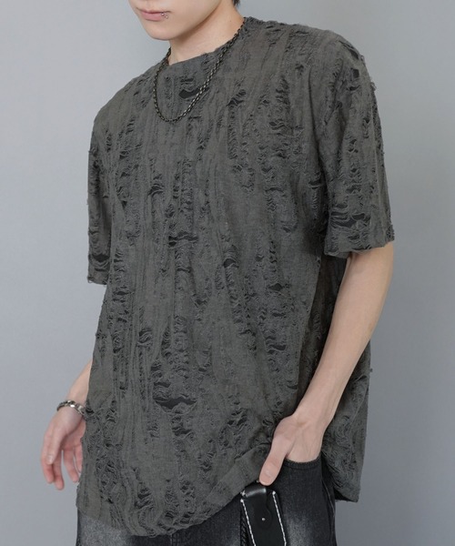 セール】ダメージ加工ジャガードTシャツ（Tシャツ/カットソー