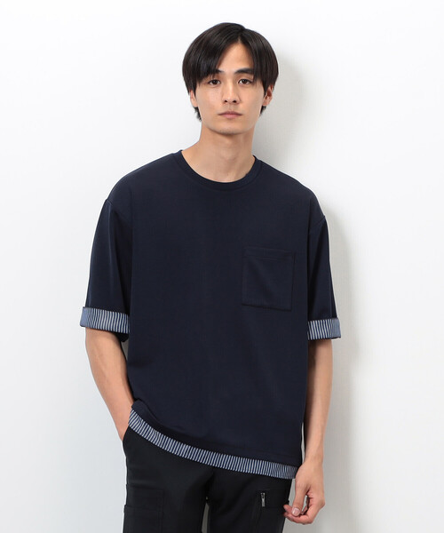 COMME CA ISM(コムサイズム)の「ストレッチポンチ×ストライプコンビTシャツ(Tシャツ/カットソー・メンズ・ネイビー/ホワイト・MEDIUM/LARGE/X-LARGE)」の9枚目の写真