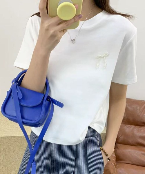 aimoha（アイモハ）の「ミニリボンTシャツ (SS)（Tシャツ/カットソー・レディース・グレー/ブラック/ホワイト/ライトグレー/イエロー・FREE）」の2枚目の写真