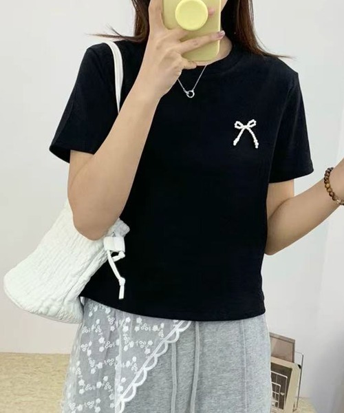 aimoha（アイモハ）の「ミニリボンTシャツ (SS)（Tシャツ/カットソー・レディース・グレー/ブラック/ホワイト/ライトグレー/イエロー・FREE）」の3枚目の写真