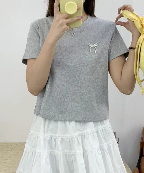 aimoha（アイモハ）の「ミニリボンTシャツ (SS)（Tシャツ/カットソー・レディース・グレー/ブラック/ホワイト/ライトグレー/イエロー・FREE）」の15枚目の写真