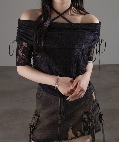 apres jour mignon(アプレジュールミニョン)の「シャーリングオフショルトップス【ZOZOTOWN限定アイテム】(Tシャツ/カットソー・レディース・ピンク/アイボリー/ブルー/チャコールグレー/オフホワイト/ブラック・X-LARGE/フリー)」の9枚目の写真
