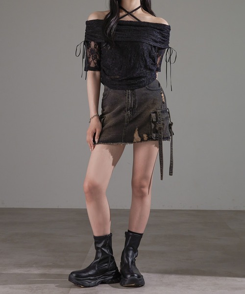 apres jour mignon(アプレジュールミニョン)の「シャーリングオフショルトップス【ZOZOTOWN限定アイテム】(Tシャツ/カットソー・レディース・ピンク/アイボリー/ブルー/チャコールグレー/オフホワイト/ブラック・X-LARGE/フリー)」の10枚目の写真