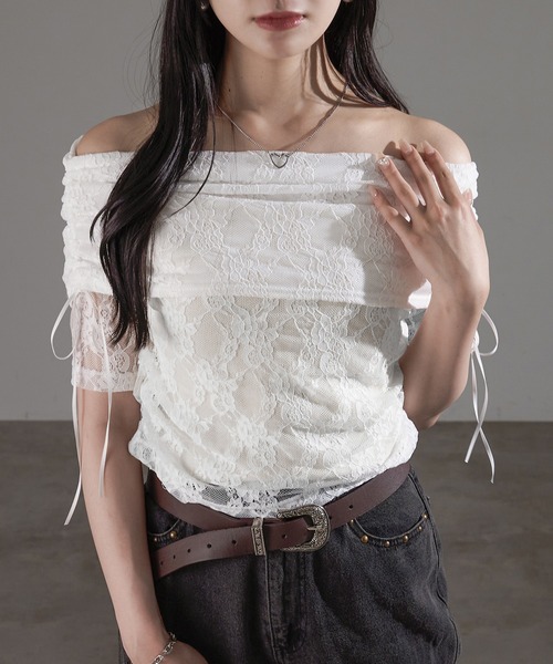 apres jour mignon(アプレジュールミニョン)の「シャーリングオフショルトップス【ZOZOTOWN限定アイテム】(Tシャツ/カットソー・レディース・ピンク/アイボリー/ブルー/チャコールグレー/オフホワイト/ブラック・X-LARGE/フリー)」の11枚目の写真