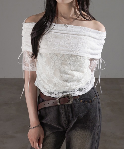 apres jour mignon(アプレジュールミニョン)の「シャーリングオフショルトップス【ZOZOTOWN限定アイテム】(Tシャツ/カットソー・レディース・ピンク/アイボリー/ブルー/チャコールグレー/オフホワイト/ブラック・X-LARGE/フリー)」の12枚目の写真