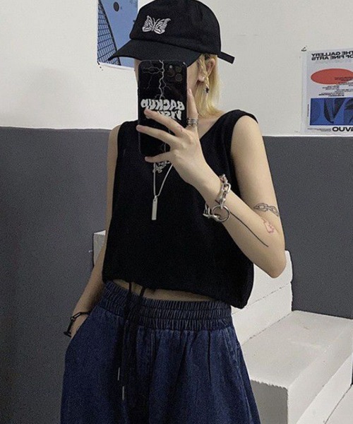 Sサイズ☆VOLVIK GOLF☆ボルヴィック韓国 ノースリーブ セール】【lulufa】ドロストクロップドノースリーブTシャツ