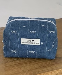 Pochi Pouch（ポチポーチ）の「Pochi Pouch/デニム調 リボン＆ハート柄 ボックス ジップ ポーチ（ポーチ）」