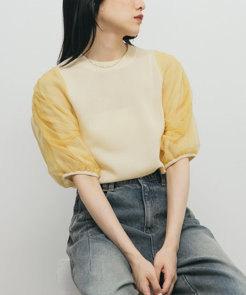 KBF（ケイビーエフ）の「チュールスリーブニット（ニット/セーター・レディース・ネイビー/ブラウン/ライトベージュ・ONE）」の6枚目の写真