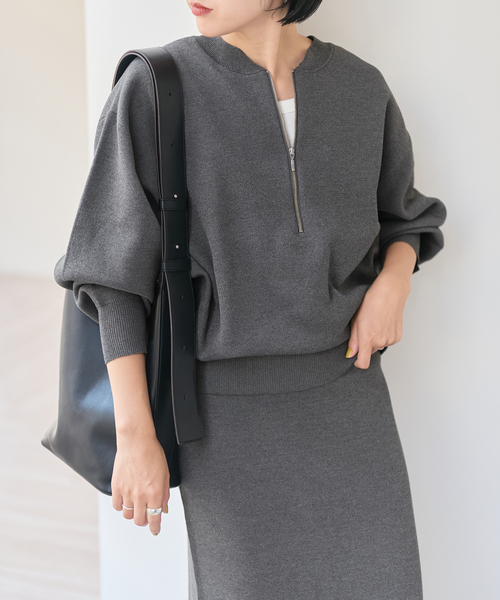 一部店舗+WEB限定》スウェットライクハーフジップニットプル