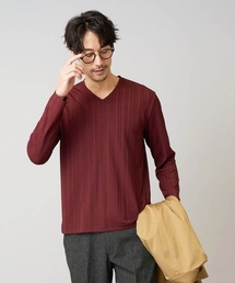 【ジャケット映え】ストライプジャガードVネックTシャツ【イージーケア/毛玉になりにくい】 通勤/ビジネス/ジャケット〈ON/OFF SERIES〉