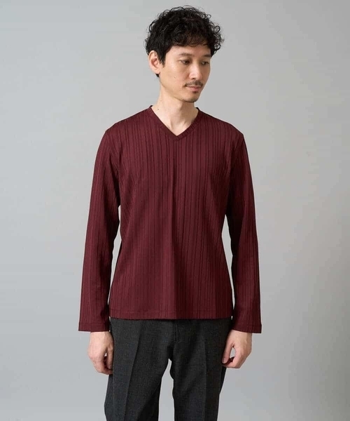 a.v.v(アーヴェヴェ)の「【ジャケット映え】ストライプジャガードVネックTシャツ【イージーケア/毛玉になりにくい】 通勤/ビジネス/ジャケット〈ON/OFF SERIES〉(Tシャツ/カットソー・メンズ・ライトグレー/ボルドー/ブルー・48/46/50)」の4枚目の写真