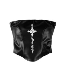 me+em select（ミームセレクト）の「クロスデザインフェイクレザーベアトップ ／ cross design fakeleather bare tops（その他トップス・レディース）」