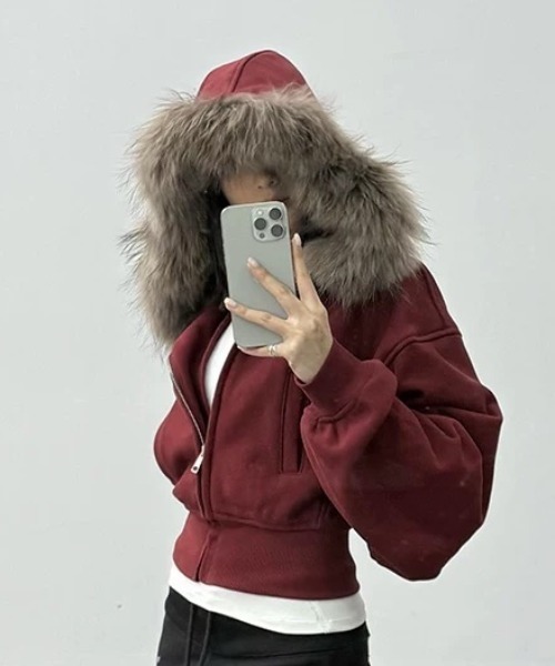 セール】フェイクファー フード付き クロップド ジャケット風 パーカー