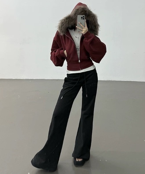 フェイクファー フード付き クロップド ジャケット風 パーカー