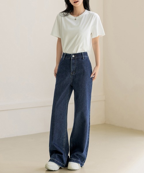 DAY CLOSET(デイ クローゼット)の「【大きいサイズ有/ウエスト裏ゴム】ストンと落ち感、美シルエット。ワイドストレートデニムパンツ レディース(デニムパンツ・レディース・ブラック系その他/インディゴブルー/ブルー/ブラック・M/S/L/XL)」の22枚目の写真