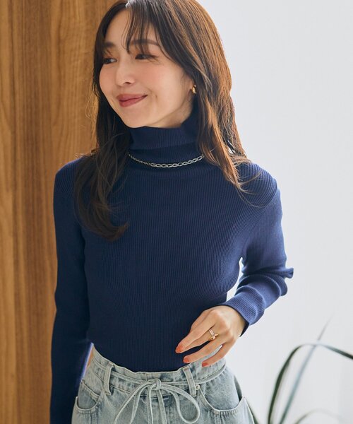 美品❣イリアンローヴ　タートルベック　リブ　ニット　サムホール　ネイビー　紺　毛 セール】【miki監修カラーあり・チクチクしない】リブタートルニット