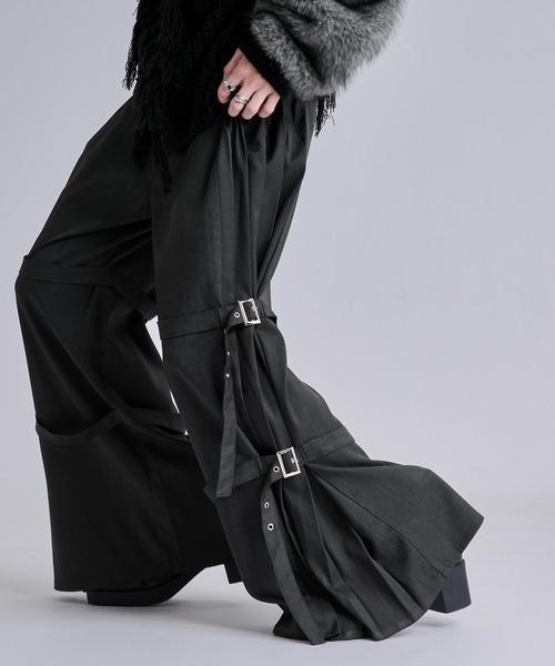 プリーツパンツ　黒　サイズ2 ペルトループ サイドプリーツダブルベルトパンツ（スラックス）｜Ellno Loset