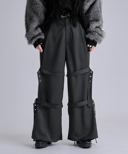 プリーツパンツ　黒　サイズ2 ペルトループ サイドプリーツダブルベルトパンツ（スラックス）｜Ellno Loset