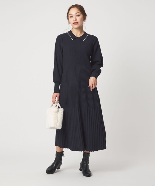セール】フィット＆フレア 襟付き ニット ワンピース（ワンピース