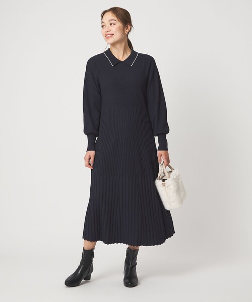 セール】フィット＆フレア 襟付き ニット ワンピース（ワンピース