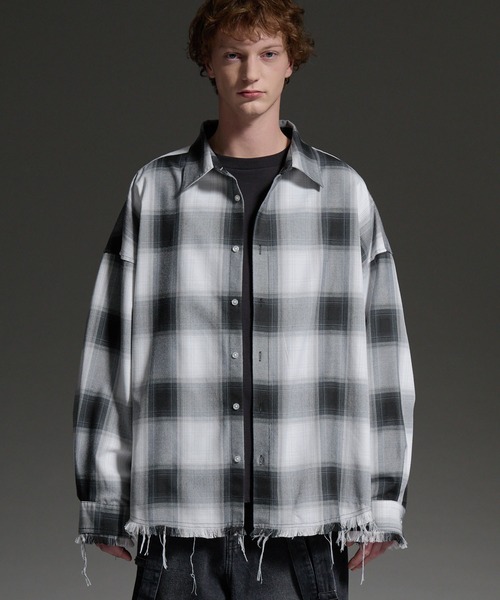 cussil/クシル】オーバーサイズオンブレチェック柄フリンジレギュラー