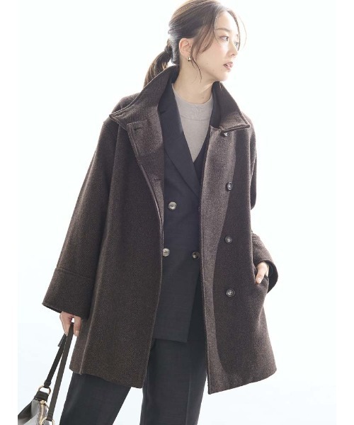 ホームスパン　ミドルスタンド　ウールコート　ブラウン/ブラック