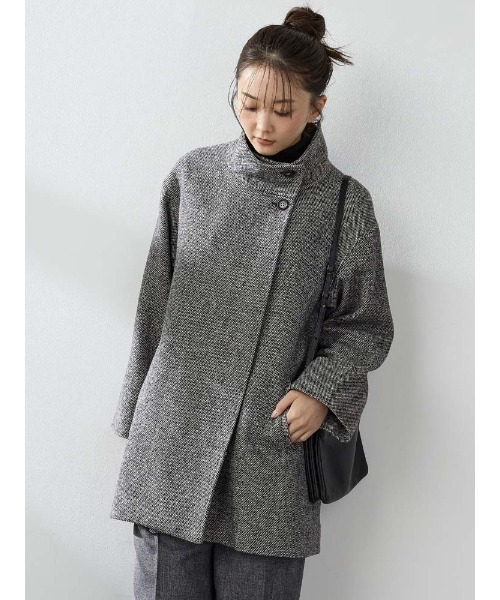 ホームスパン　ミドルスタンド　ウールコート　ブラウン/ブラック