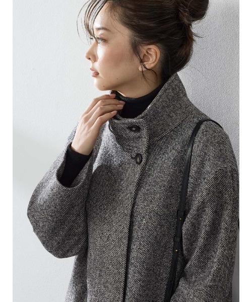 ホームスパン　ミドルスタンド　ウールコート　ブラウン/ブラック