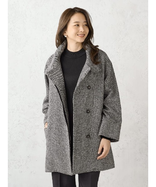 ホームスパン　ミドルスタンド　ウールコート　ブラウン/ブラック