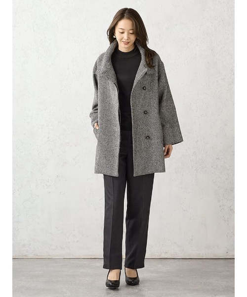 ホームスパン　ミドルスタンド　ウールコート　ブラウン/ブラック